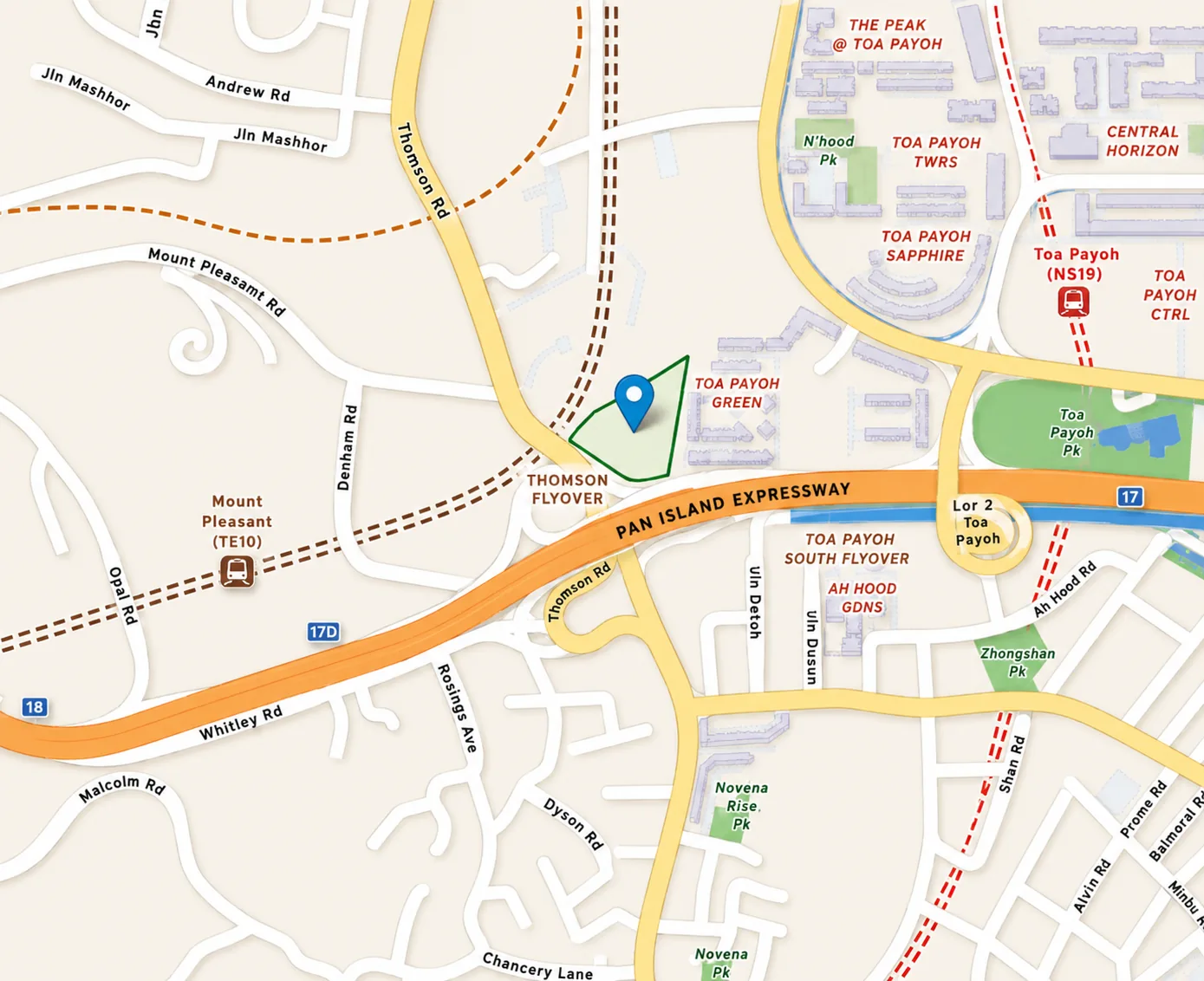 Location map of the 8 Thomson Lane site in District 11 Singapore, showing the plot beside Thomson Road and the Pan Island Expressway, with Toa Payoh MRT (NS19) and Mount Pleasant (TE10) marked