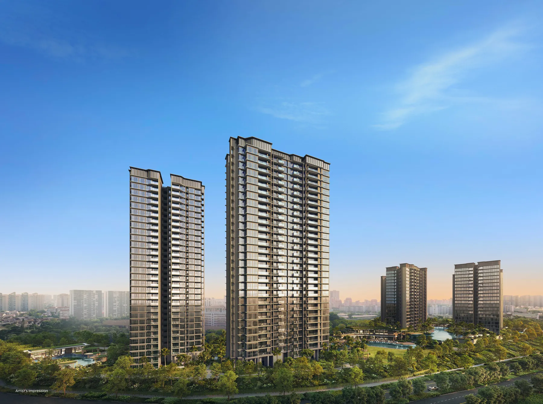 Artist's impression of Thomson Reserve at Bright Hill Drive, District 20, showing the two 30-storey towers and four 21-storey towers