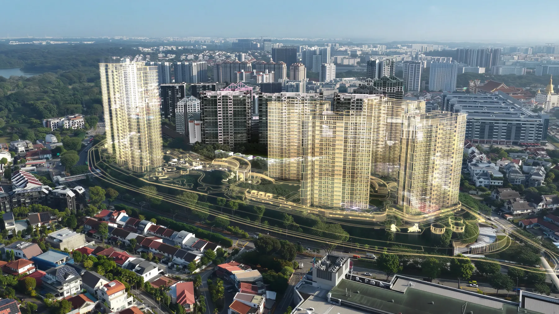 Aerial artist's impression of Thomson Reserve showing all six towers and the landscaped grounds within the Upper Thomson and Bishan estate