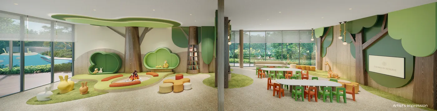 Wide artist's impression showing the Little Explorer Nook kids play room beside the Little Canopy Room kids function room at Thomson Reserve