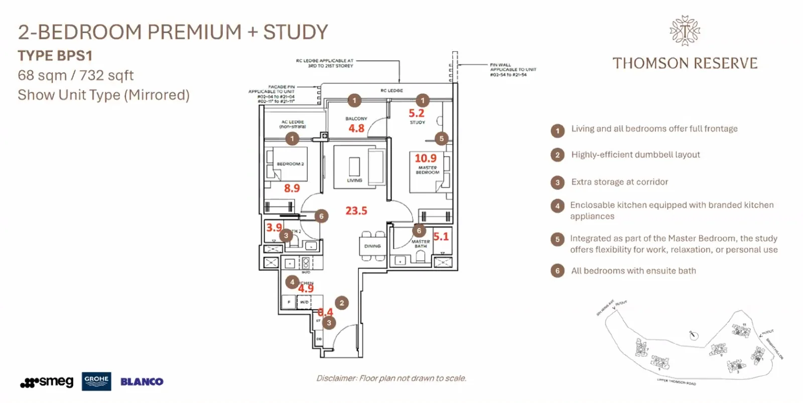 Thomson Reserve 2-Bedroom Premium + Study floor plan, Type BPS1, 68 sqm or 732 sq ft, dumbbell layout with the study inside the master bedroom
