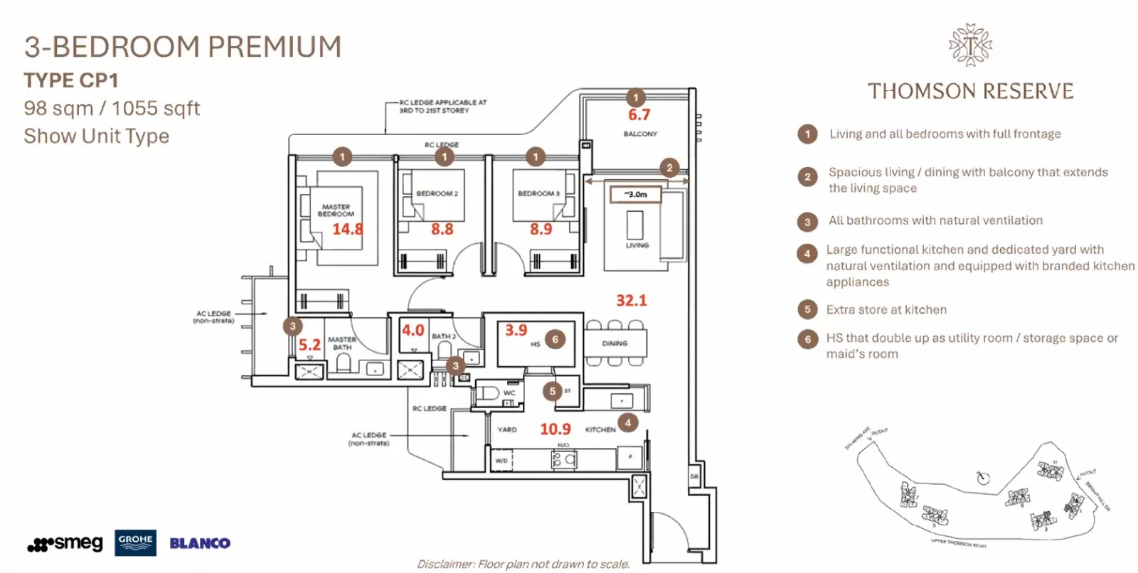 Thomson Reserve 3-Bedroom Premium floor plan, Type CP1, 98 sqm or 1,055 sq ft, with full frontage to the living room and all bedrooms