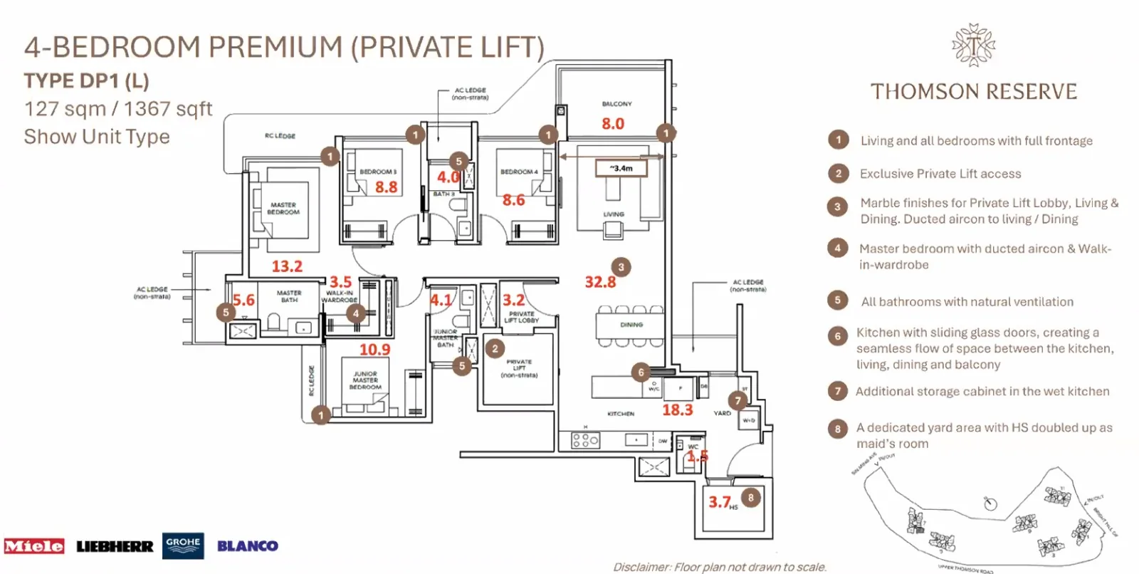 Thomson Reserve 4-Bedroom Premium floor plan with private lift, Type DP1 (L), 127 sqm or 1,367 sq ft