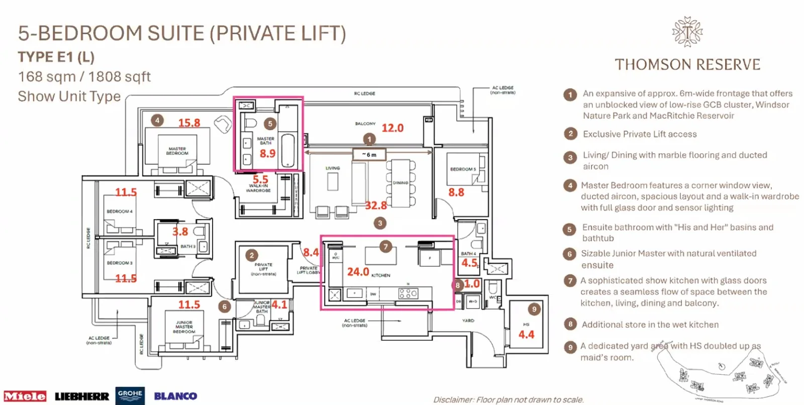 Thomson Reserve 5-Bedroom Suite floor plan with private lift, Type E1 (L), 168 sqm or 1,808 sq ft