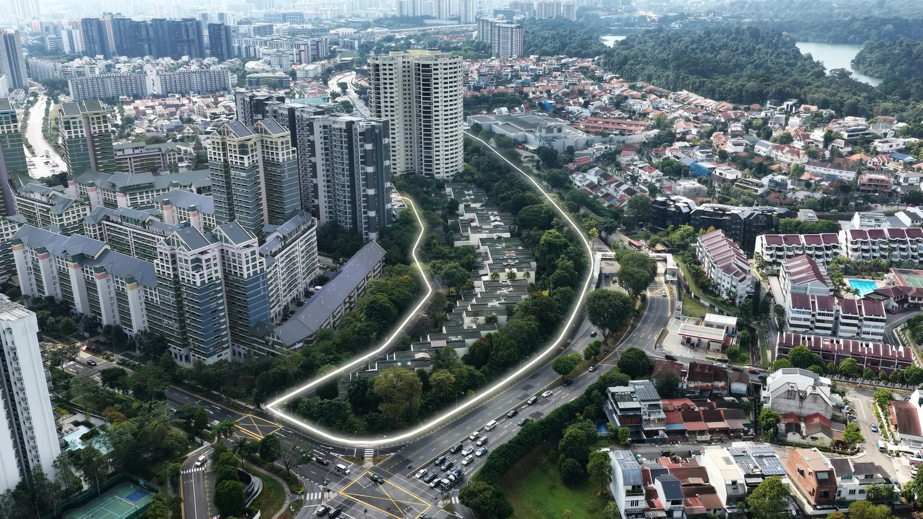 Aerial photograph of the Thomson Reserve site at Bright Hill Drive with the development boundary outlined