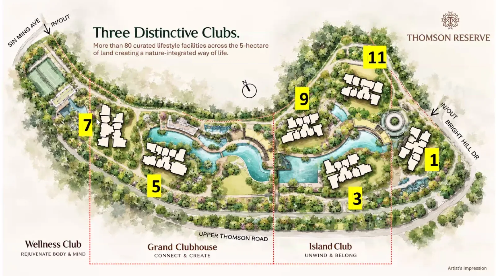 Thomson Reserve site plan, District 20, showing Blocks 1, 3, 5, 7, 9 and 11, the Wellness Club, Grand Clubhouse and Island Club zones, and entrances from Sin Ming Avenue and Bright Hill Drive along Upper Thomson Road