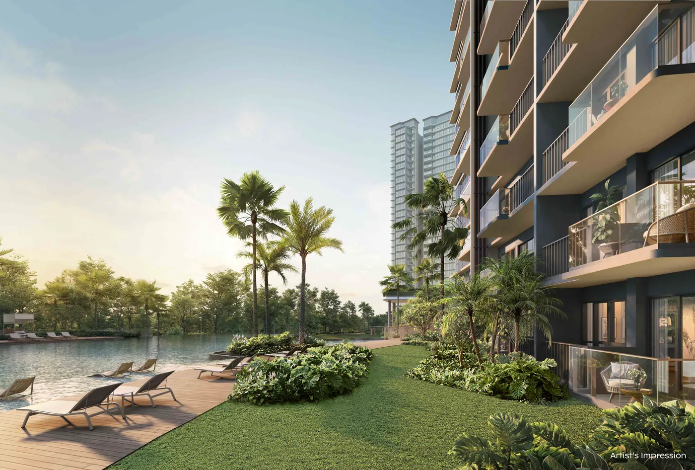 Artist's impression of the view out from a private enclosed space at Thomson Reserve towards the Island Club landscaping