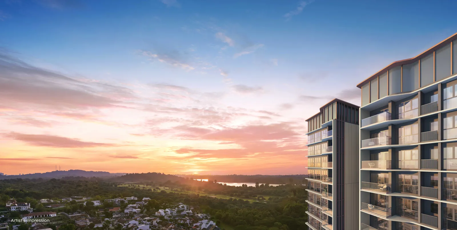 Artist's impression of the outlook from an upper-floor Thomson Reserve apartment towards the reservoir and Central Catchment Nature Reserve