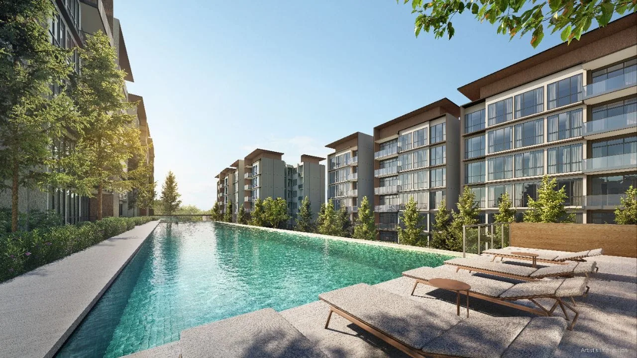 Artist's impression of the 50m hilltop lap pool on the upper deck at Amberwood at Holland, running between six-storey residential blocks