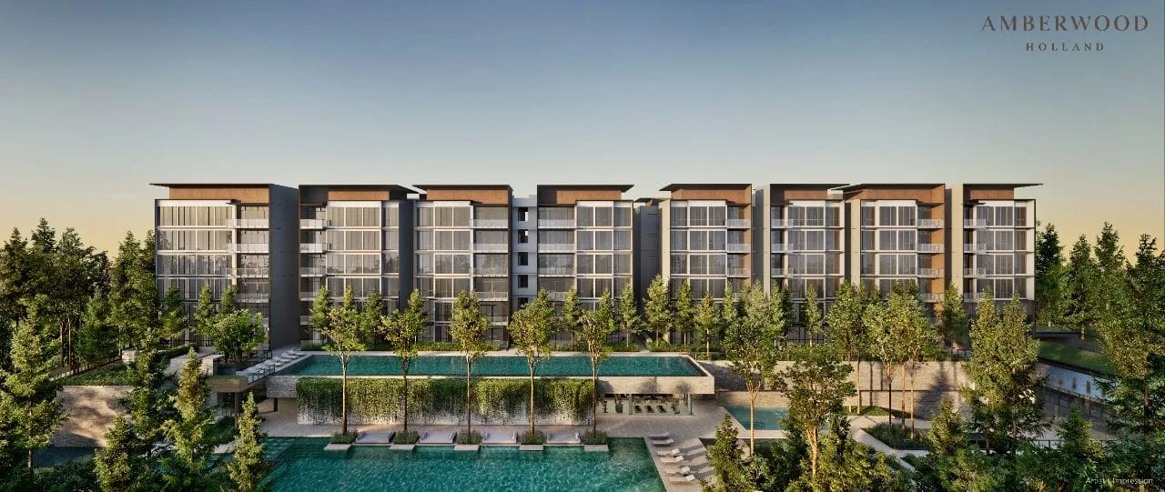 Aerial artist's impression of Amberwood at Holland, showing eleven six-storey residential blocks around the 50m hilltop lap pool on Holland Link in District 10 Singapore