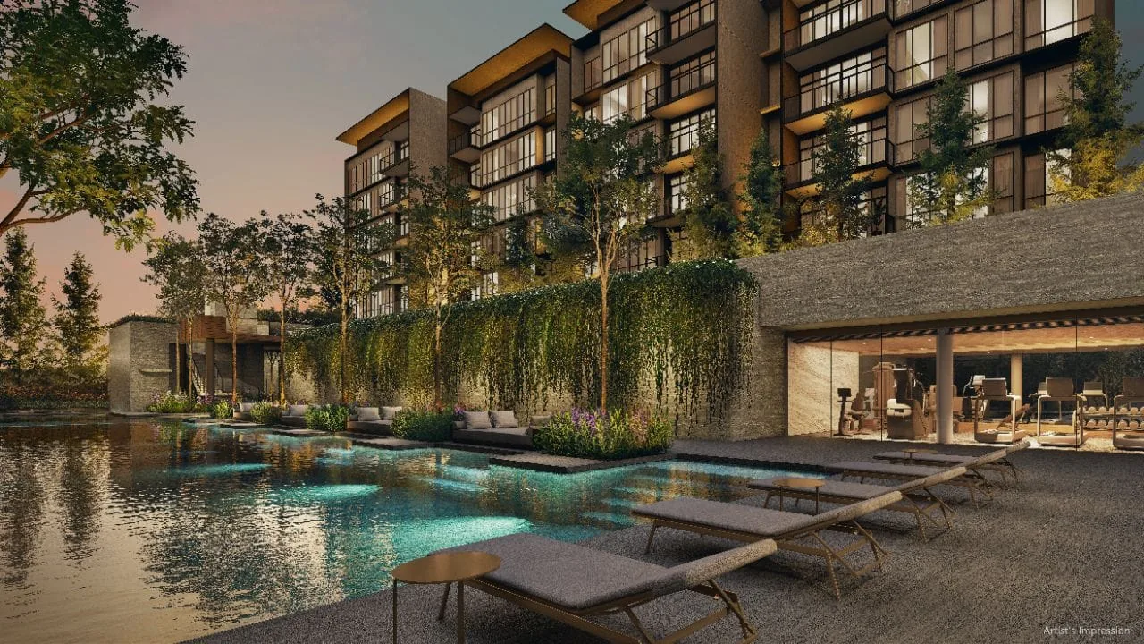 Artist's impression of the lakeside pool, day lounges and fitness studio on the lower deck at Amberwood at Holland