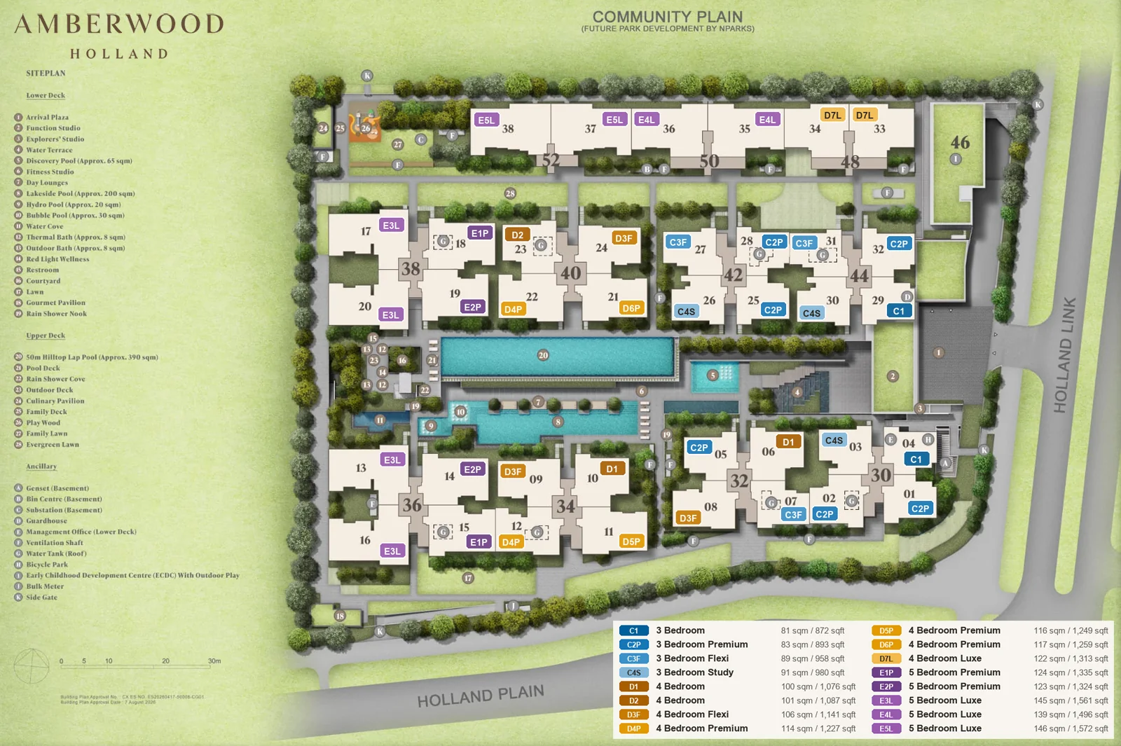 Amberwood at Holland site plan showing 11 residential blocks, the 50m hilltop lap pool, the early childhood development centre and the unit type legend from 3-bedroom 872 sq ft to 5-bedroom Luxe 1,572 sq ft