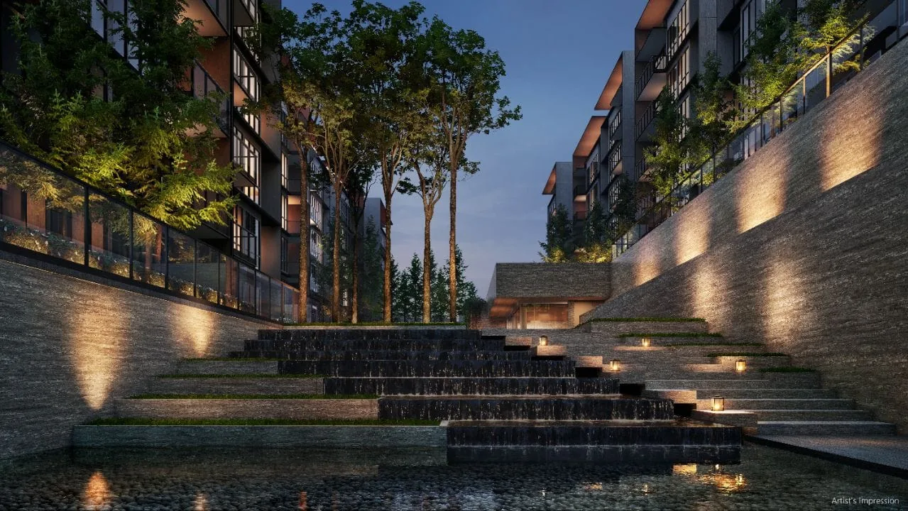 Artist's impression of the water terrace and cascading water feature between the six-storey blocks at Amberwood at Holland
