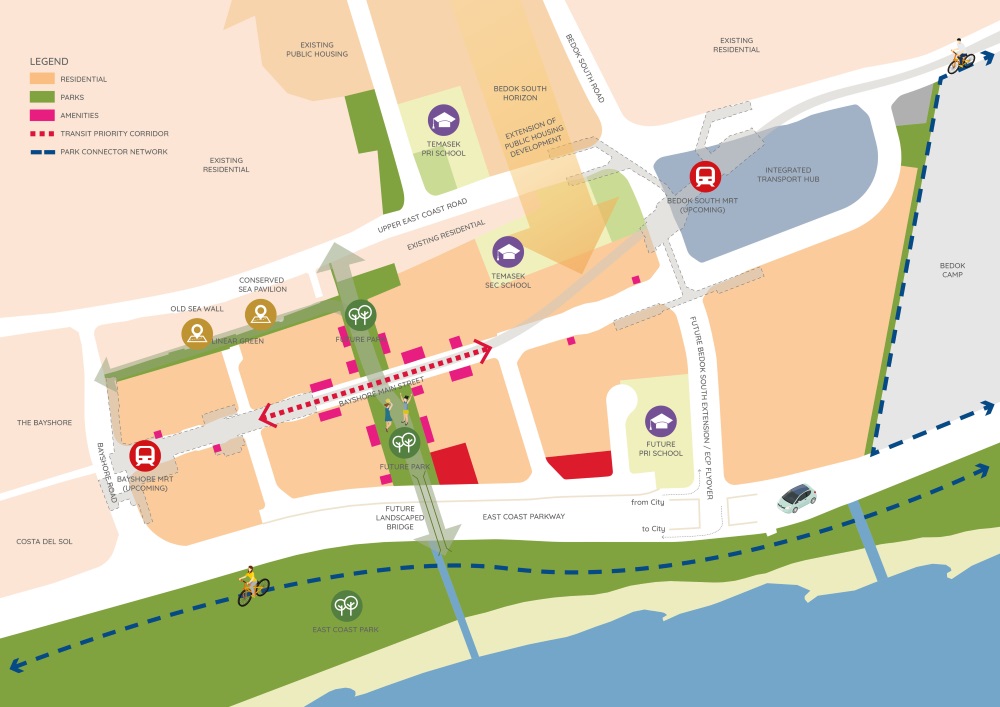 URA Bayshore Master Plan map showing Bedok location, MRT stations, and East Region development zones