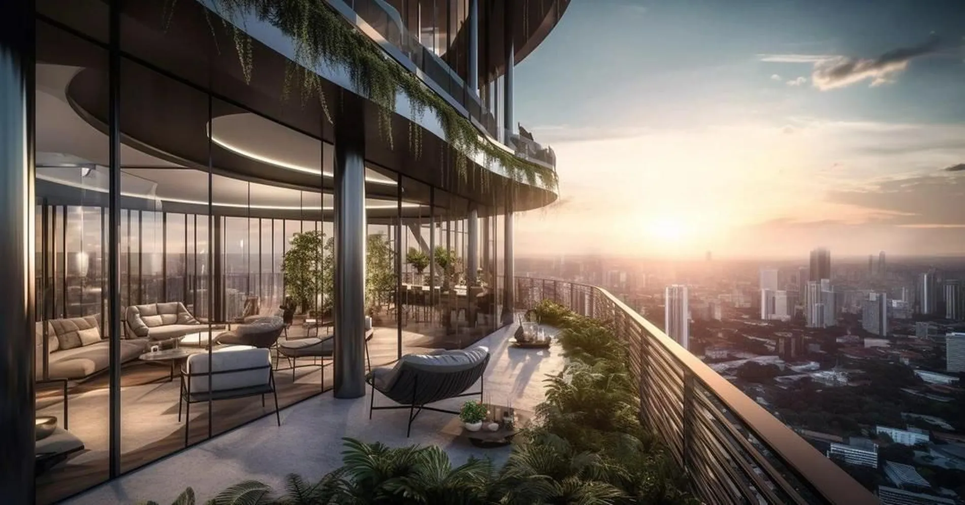 High-floor condominium balcony overlooking a Singapore skyline at sunset