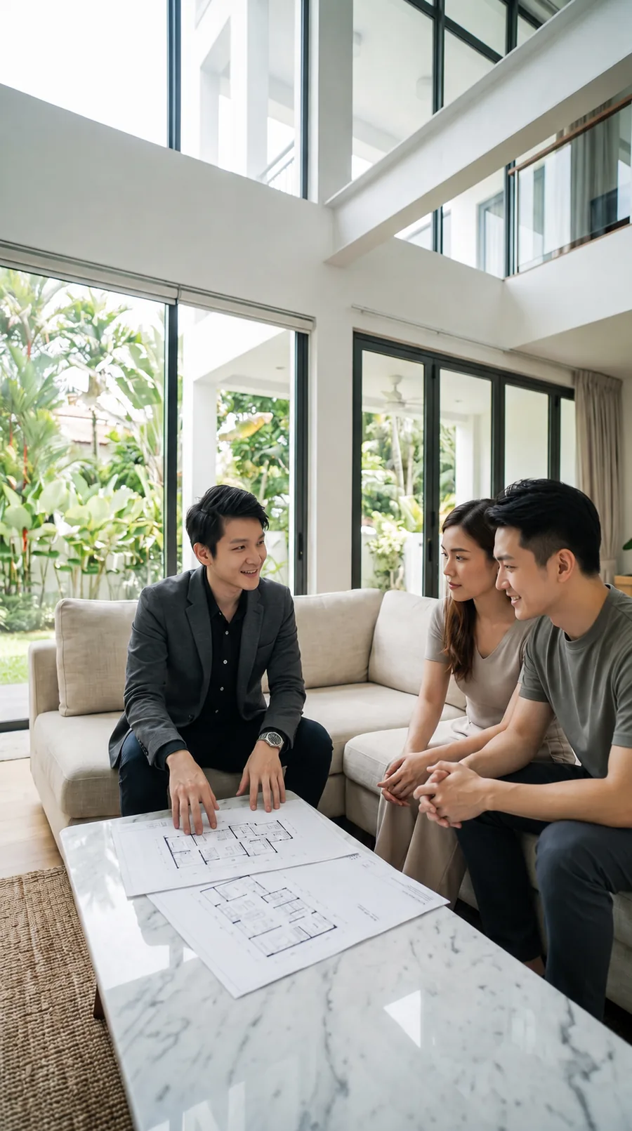 Jamus Lee going through floor plans and figures with a couple planning their upgrade
