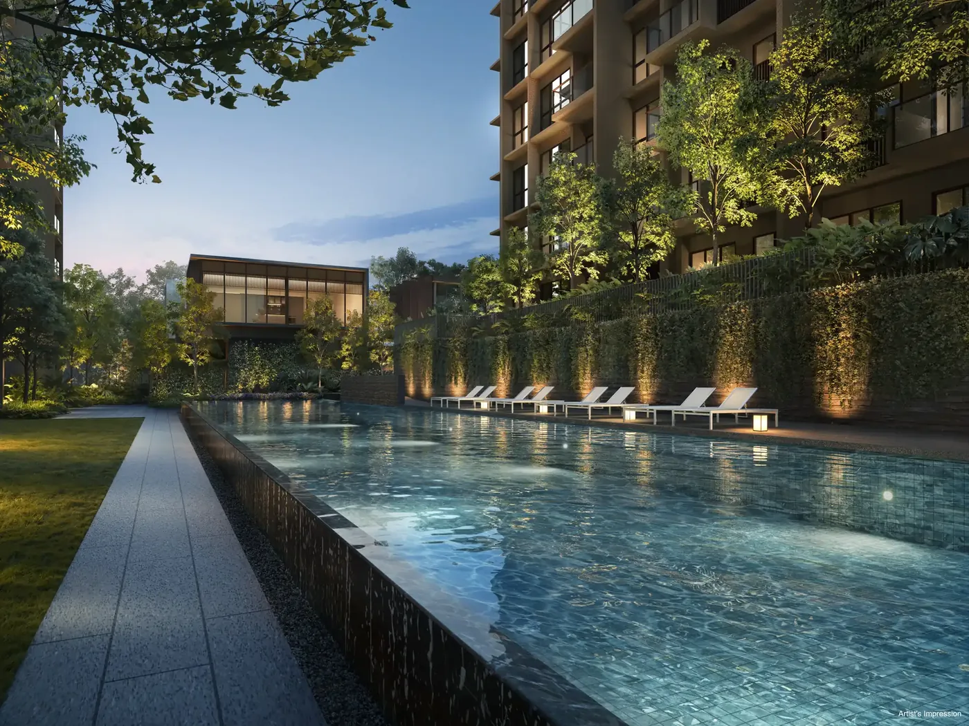 Artist's impression of the 50-metre lap pool at Dunearn House, set against a planted wall below the residential blocks in District 11 Singapore