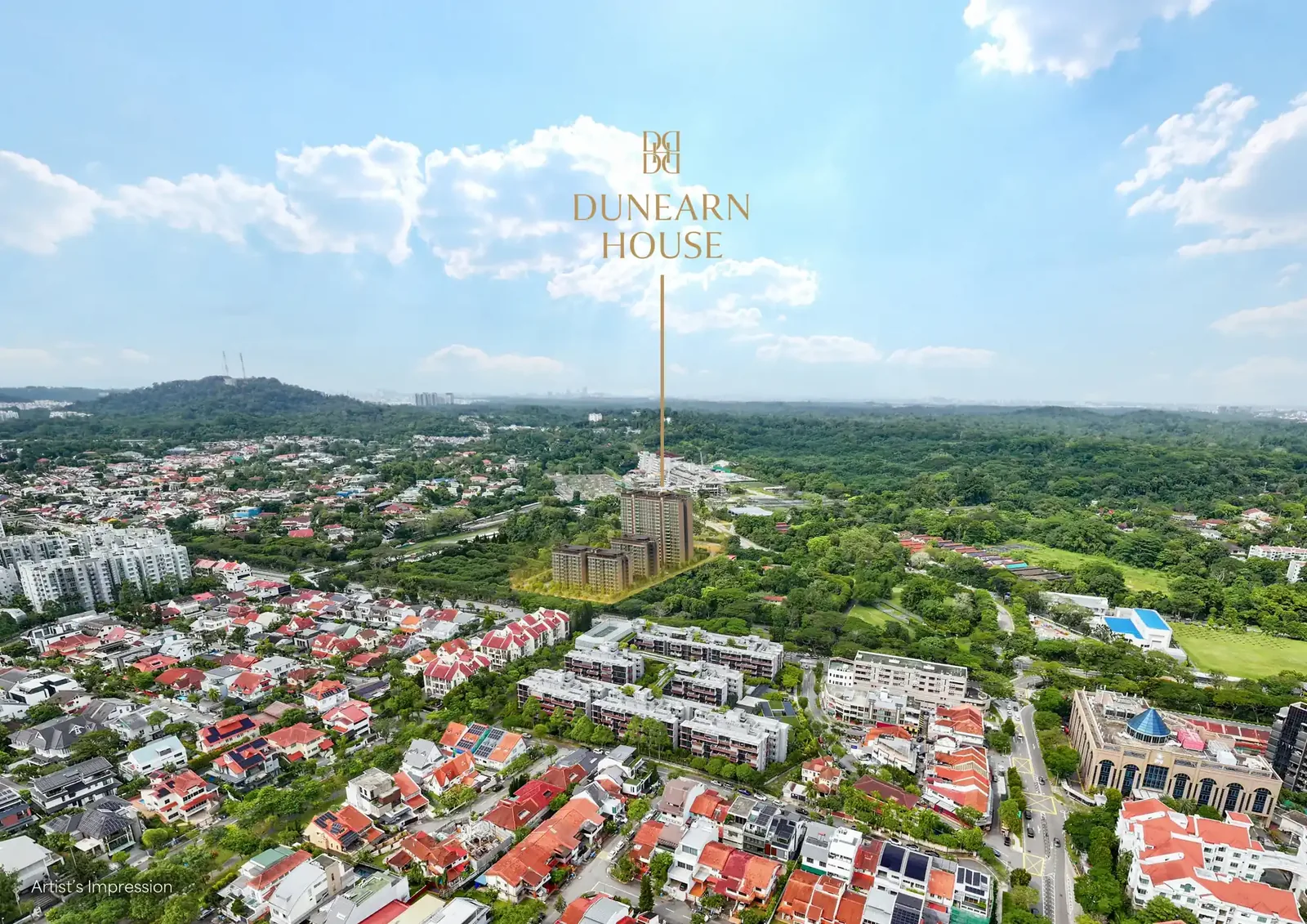 Aerial artist's impression of Dunearn House on Dunearn Road, showing the five residential blocks rising above the landed housing of Bukit Timah and the green expanse of the former Turf City site in District 11 Singapore