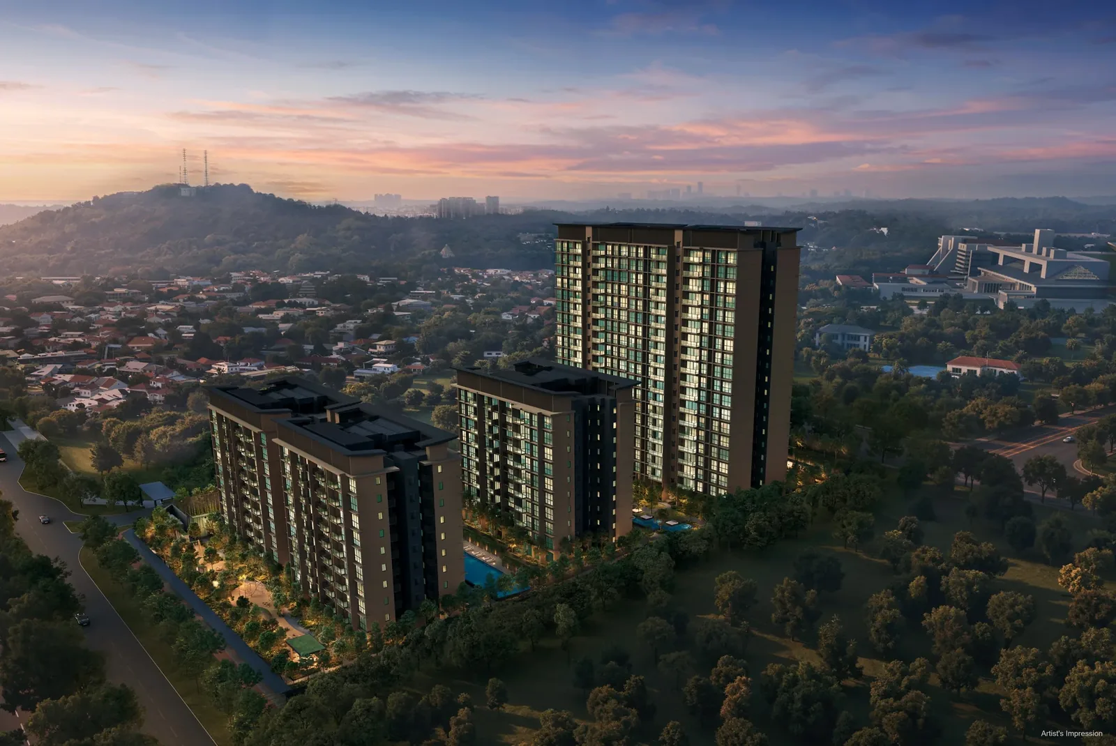 Artist's impression of the five residential blocks at Dunearn House at dusk, two nineteen-storey towers and three ten-storey blocks above the Bukit Timah green belt in District 11 Singapore