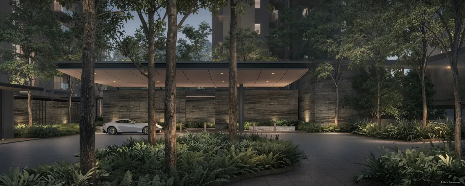 Artist's impression of the arrival court at Dunearn House, with a covered drop-off set behind mature trees off Dunearn Road in District 11 Singapore