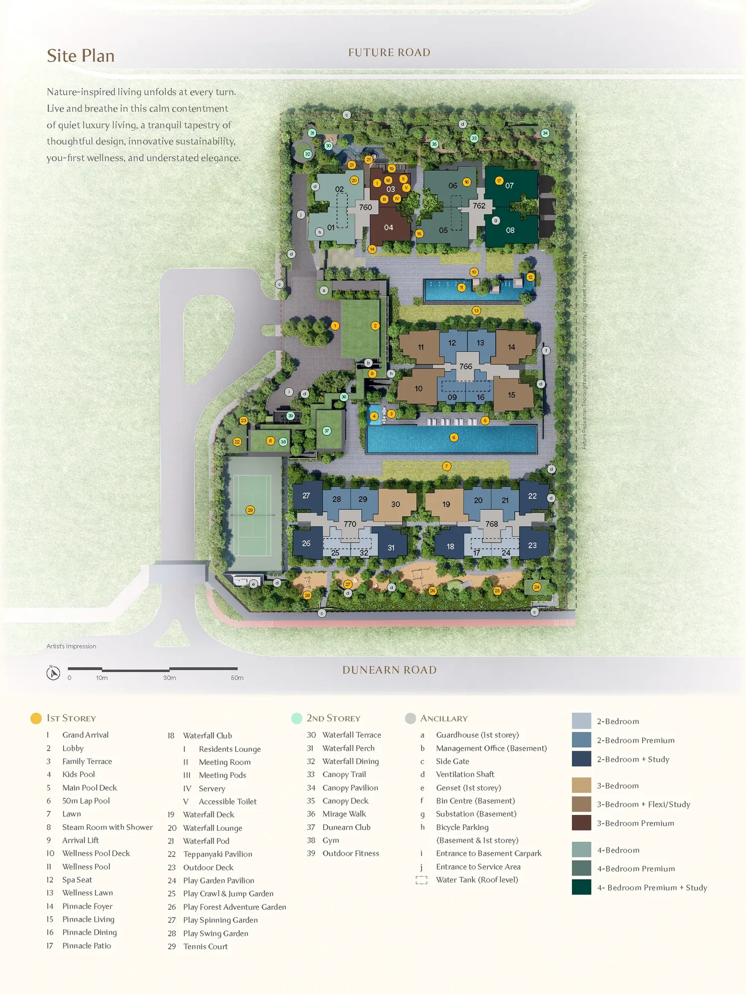 Dunearn House site plan showing the five residential blocks at 760 to 770 Dunearn Road with each block segment colour-coded by layout type from 2-bedroom to 4-bedroom premium plus study, alongside the 50m lap pool, tennis court, waterfall club and wellness pool