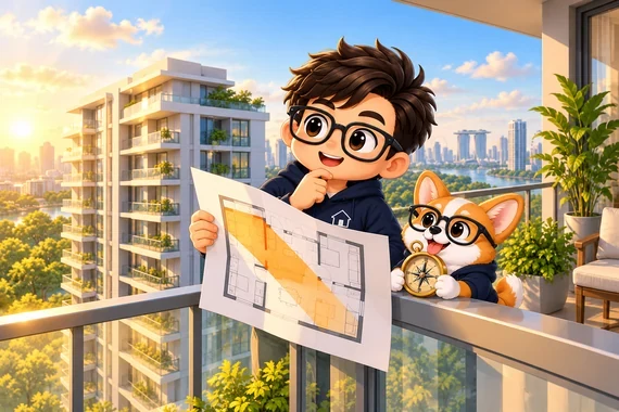 The Property Geek on a condo balcony in the late-afternoon sun, holding a floor plan with a diagonal patch of sunlight drawn on it, his corgi beside him holding a compass