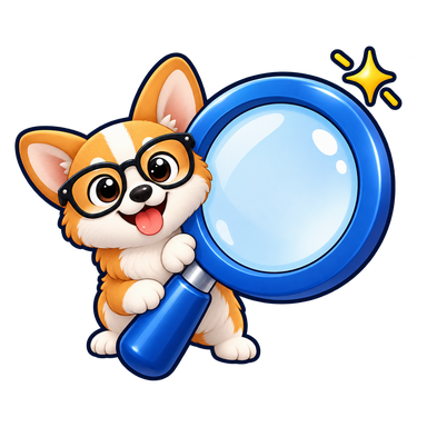 The Property Geek's corgi, in spectacles, holding an oversized magnifying glass