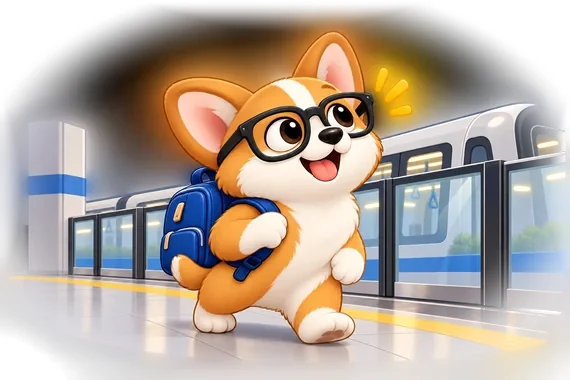 The corgi in glasses, with a blue school backpack, walking along an MRT platform