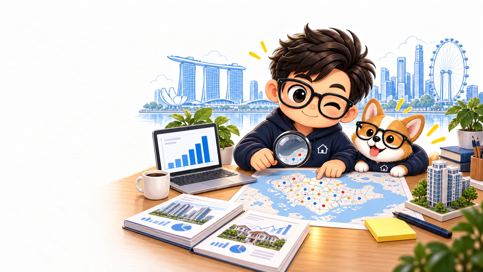 The Property Geek at his desk with a laptop, charts, a map of Singapore and his corgi research assistant