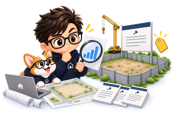The Property Geek studying a bid chart through a magnifying glass beside his corgi, with a site plan, tender documents and a fenced land site with a crane behind them