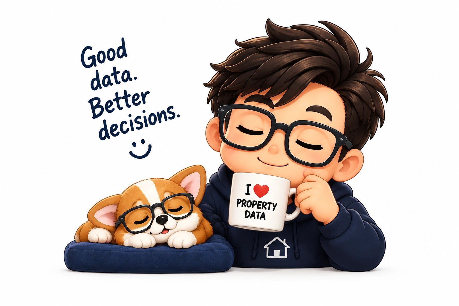 The Property Geek holding a mug that reads I love property data, beside his sleeping corgi