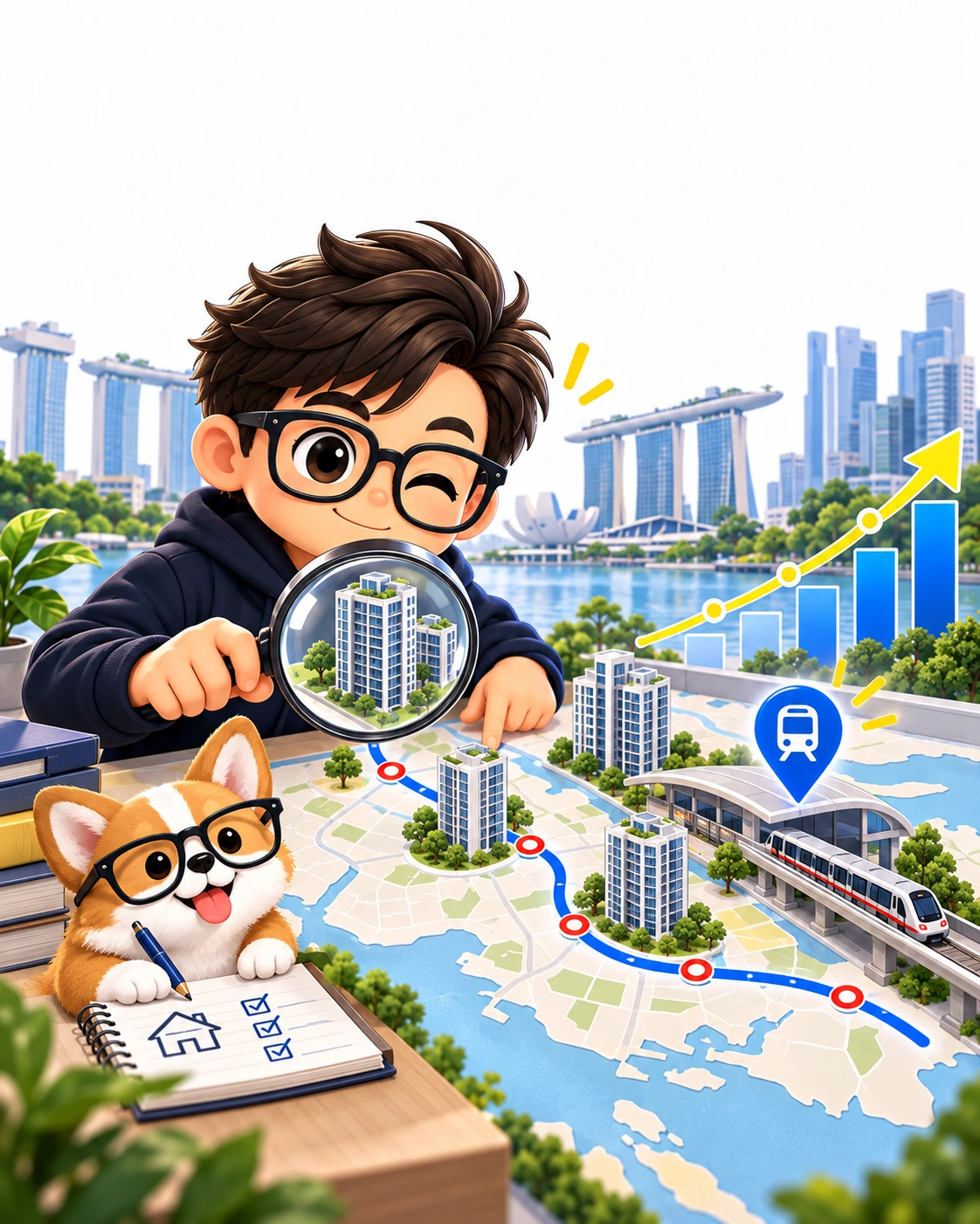 The Property Geek examining condo blocks along an MRT line through a magnifying glass