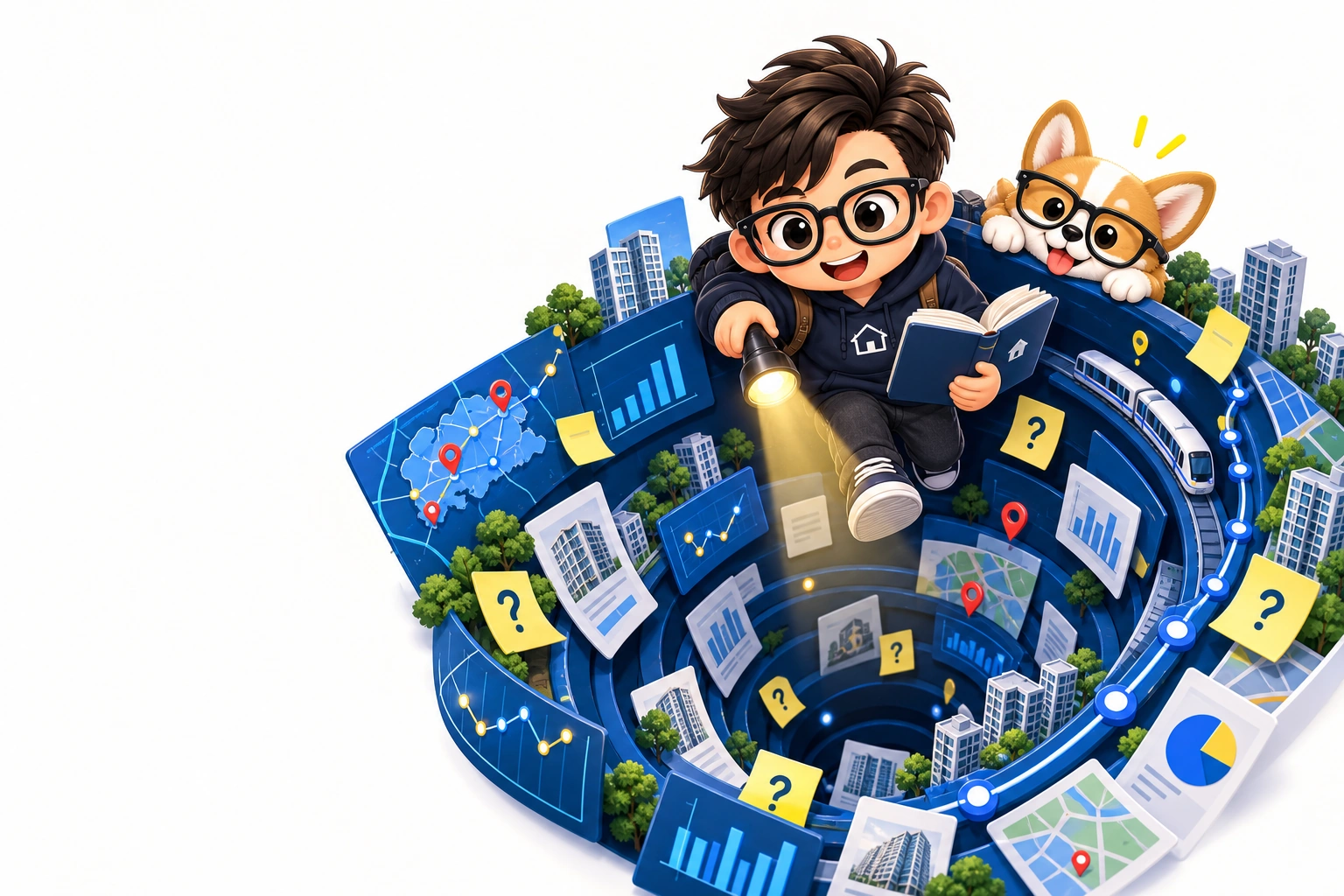 The Property Geek descending a spiral of charts, maps, sticky notes and question marks with a torch