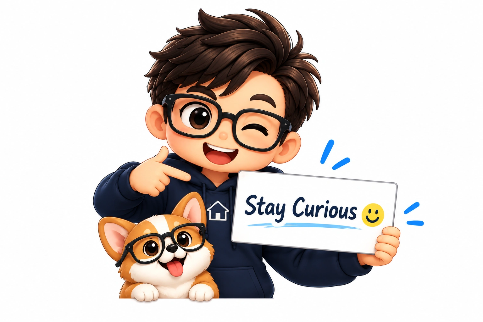 The Property Geek and his corgi holding a sign that reads Stay Curious