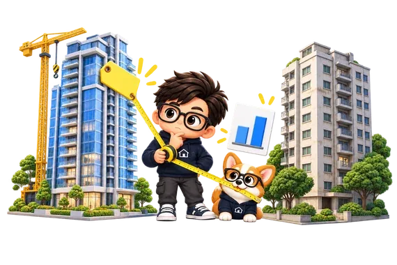 The Property Geek measuring the gap between a new condo under construction and an older condo next door with a tape measure, his corgi holding the other end, with a bar chart between them
