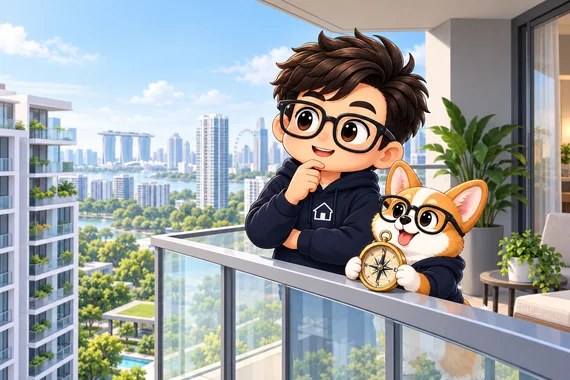 Cartoon of the Property Geek on a condo balcony, hand on chin, with his corgi holding a compass
