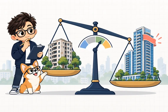 The Property Geek reading a gauge between an older condo and a new condo on a balance scale, his corgi resting a paw on the older one