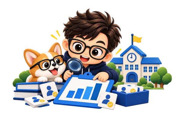 The Property Geek studying a bar chart through a magnifying glass, with his corgi beside him and a primary school in the background