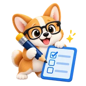 The corgi in glasses holding a pencil and a checklist