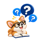 The corgi in glasses, chin on paw, with question marks above its head