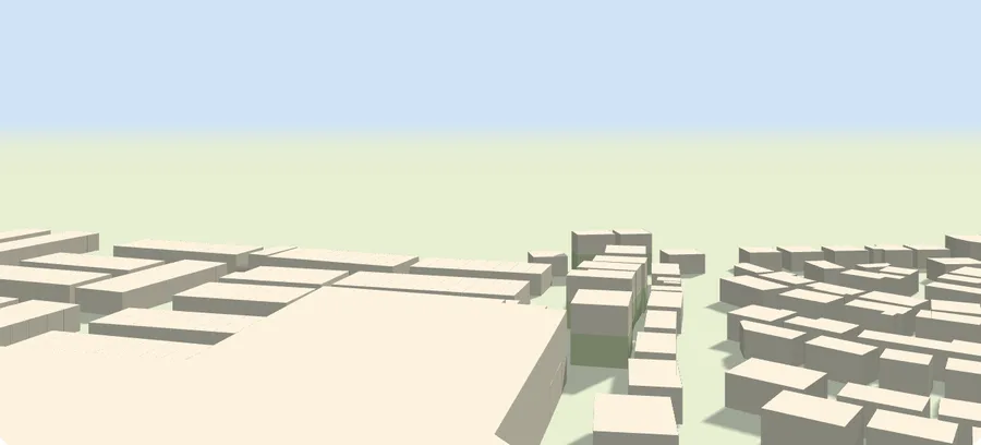 Simplified 3D view from a high floor of the sample home's stack in the late afternoon, looking over low-rise buildings with their shadows