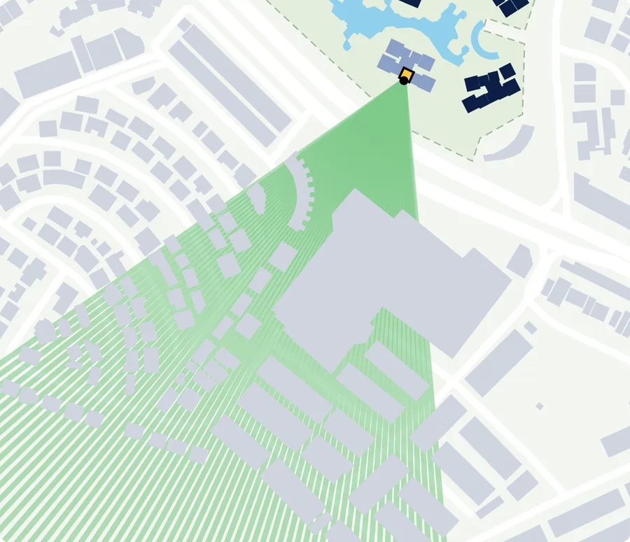 Map from Stack View for one sample home: green lines fan out from the balcony across the main road, with no building taller than the home's floor in the way