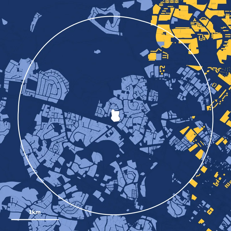 Map of homes within 2km of Anglo-Chinese School (Primary): HDB plots in yellow, private plots in blue