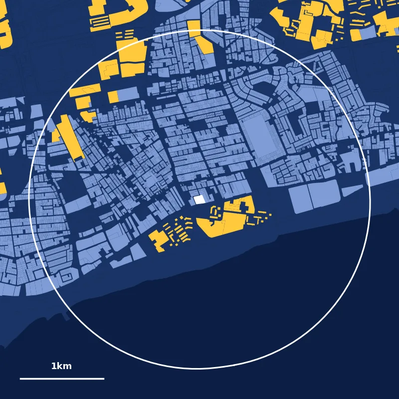 Map of homes within 2km of CHIJ (Katong) Primary: HDB plots in yellow, private plots in blue