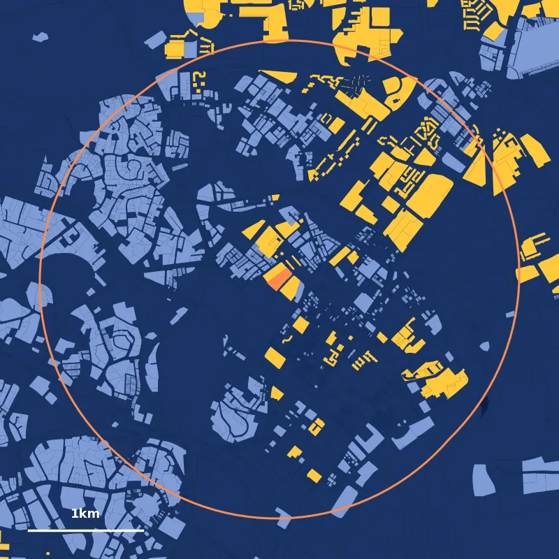 Map of homes within 2km of Farrer Park Primary School: HDB plots in yellow, private plots in blue