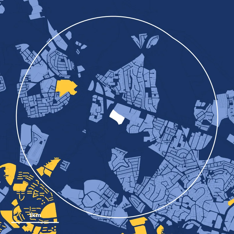 Map of homes within 2km of Methodist Girls’ School (Primary): HDB plots in yellow, private plots in blue
