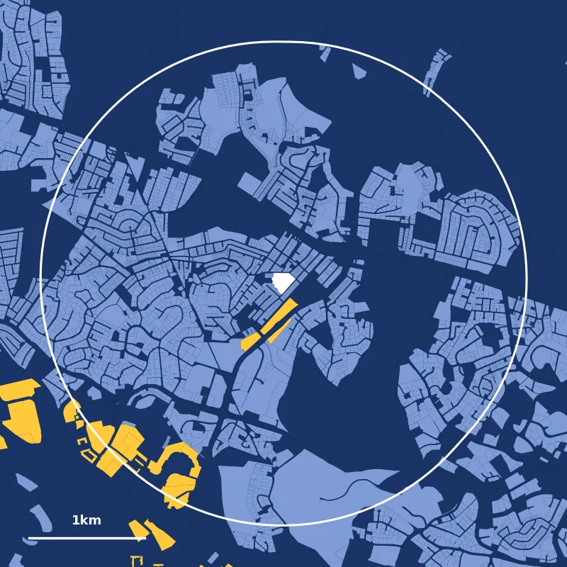 Map of homes within 2km of Nanyang Primary School: HDB plots in yellow, private plots in blue