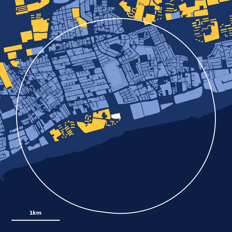 Map of homes within 2km of Ngee Ann Primary School: HDB plots in yellow, private plots in blue