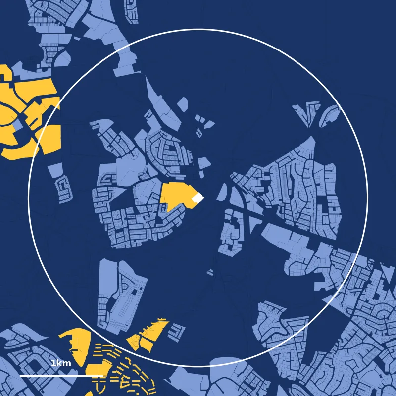 Map of homes within 2km of Pei Hwa Presbyterian Primary School: HDB plots in yellow, private plots in blue