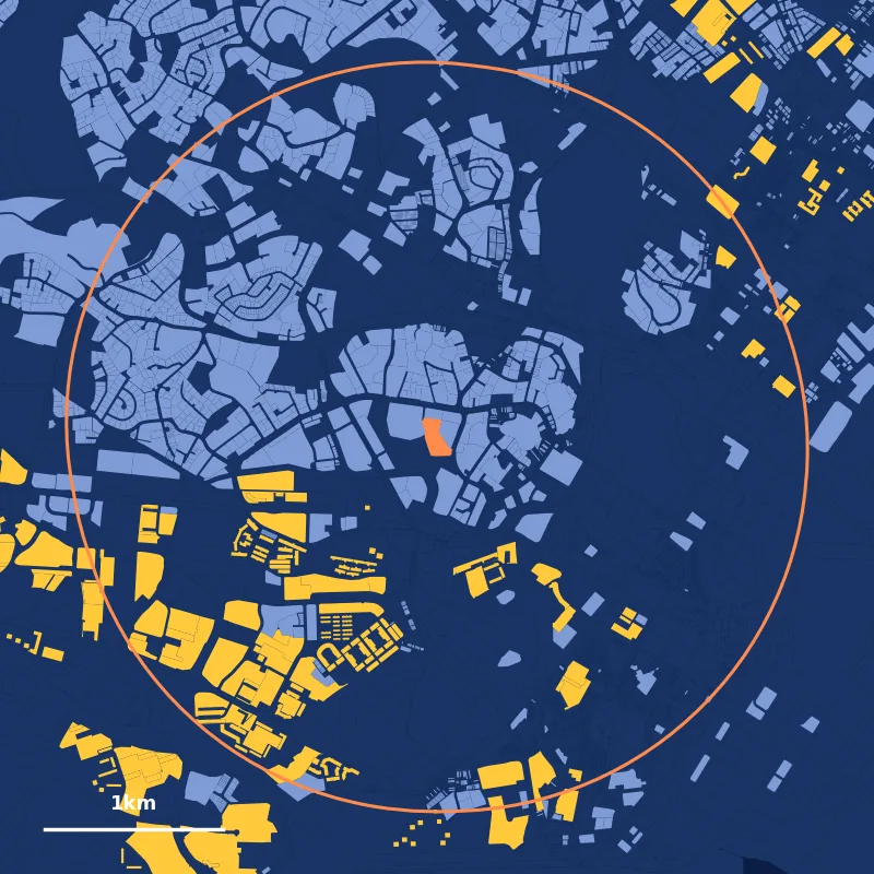 Map of homes within 2km of River Valley Primary School: HDB plots in yellow, private plots in blue